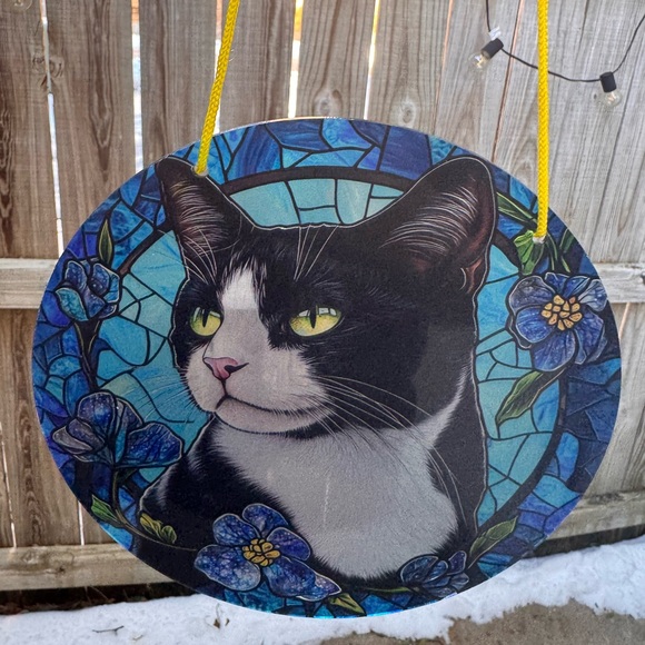 Tuxedo Cat Stained Glass Art with Blue Floral Design - Picture 4 of 6